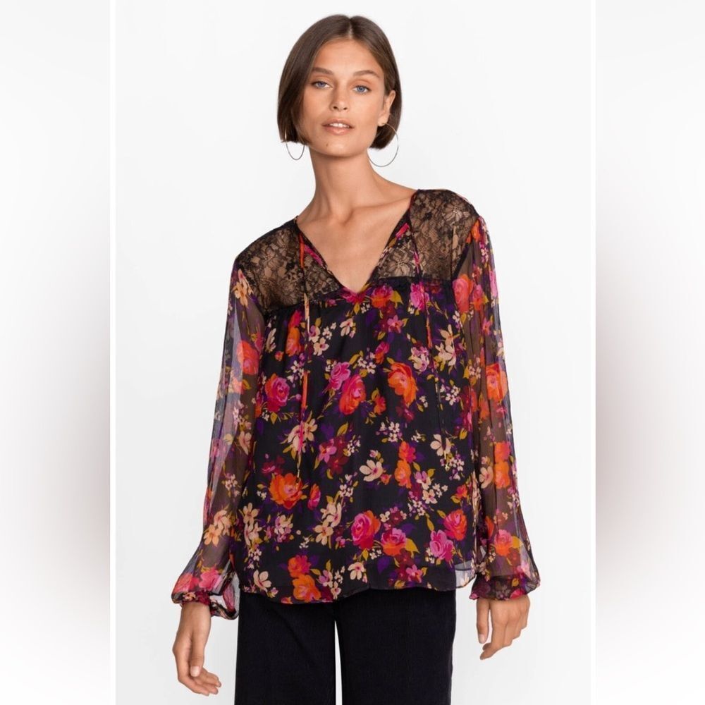 Johnny Was Flora Silk Blouse Floral Chiffon Black Lace Long Sleeve Top Sz XXS